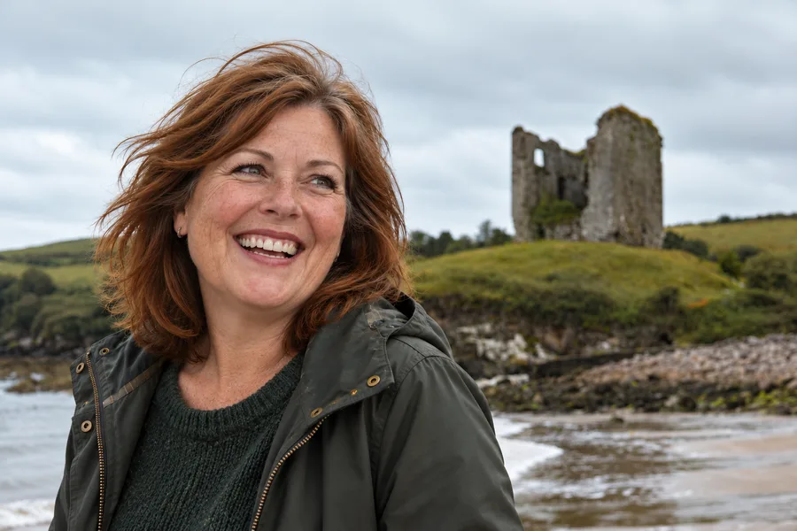 Smiling Irish woman over 50 on the beach below Minard Castle on the Dingle Peninsula, County Kerry